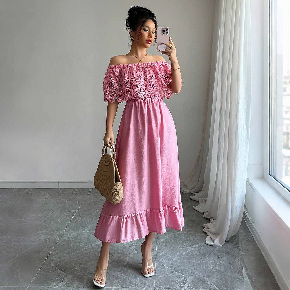 Women's Off-Shoulder Lace Maxi Dress – Elegant A-Line Fit for Summer or Events