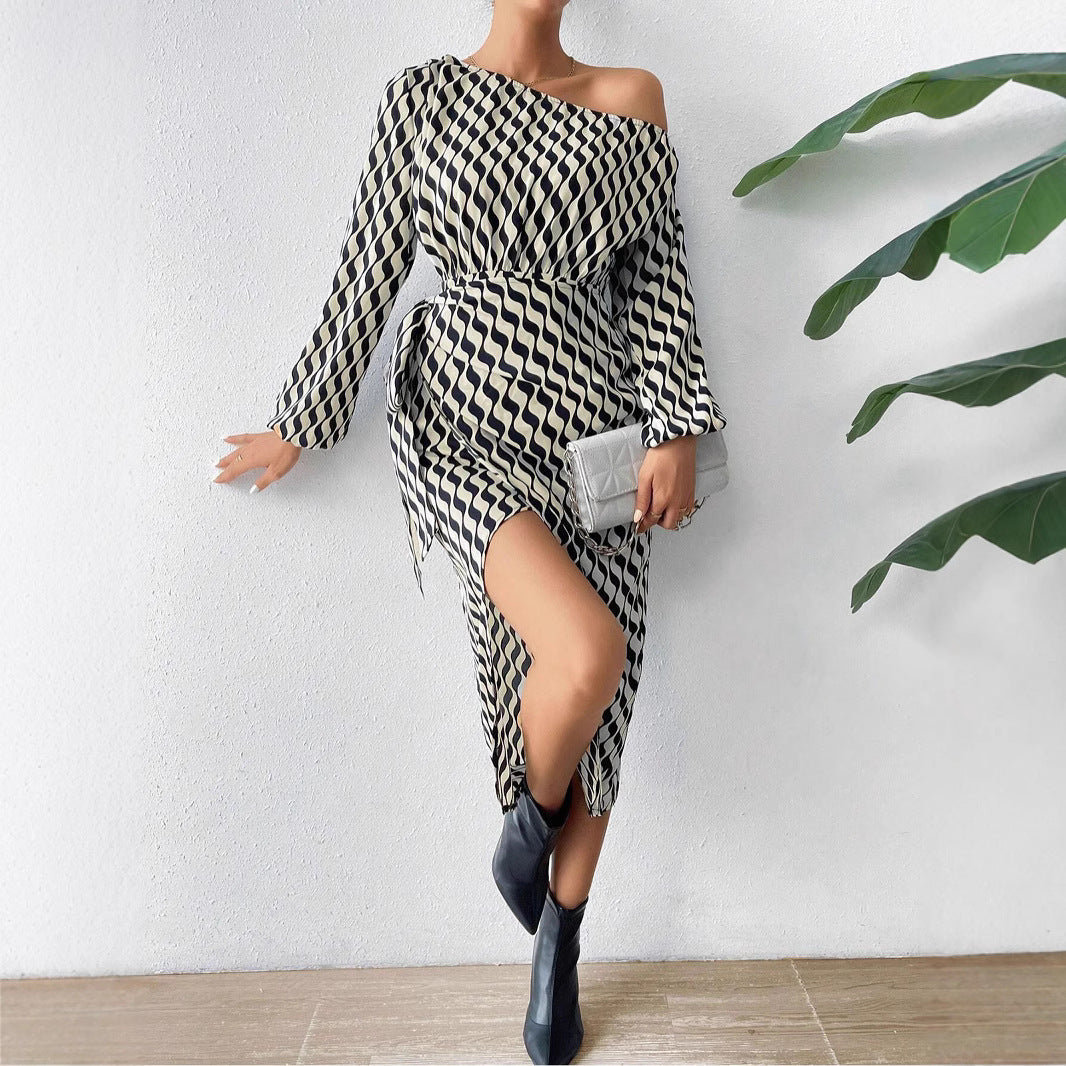 Women's Asymmetrical One-Shoulder Midi Dress – Striped Elegant Evening Outfit