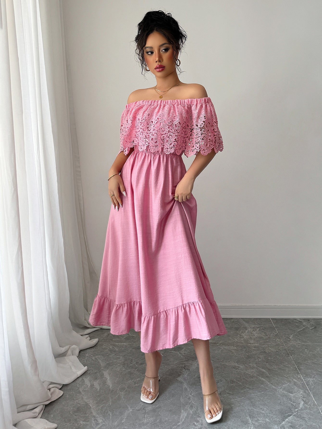 Women's Off-Shoulder Lace Maxi Dress – Elegant A-Line Fit for Summer or Events