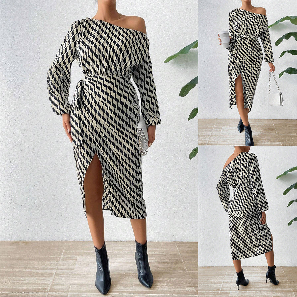 Women's Asymmetrical One-Shoulder Midi Dress – Striped Elegant Evening Outfit