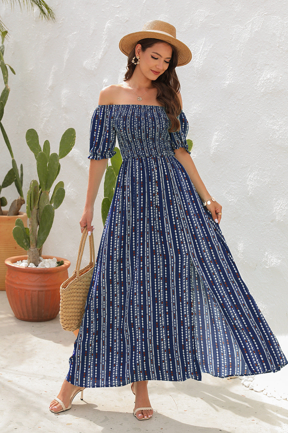 Women's Off-Shoulder Floral Maxi Dress with Side Slit.