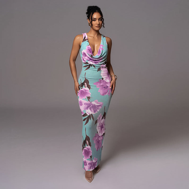 Floral Print Sleeveless Bodycon Midi Dress for Women – Elegant Summer Outfit
