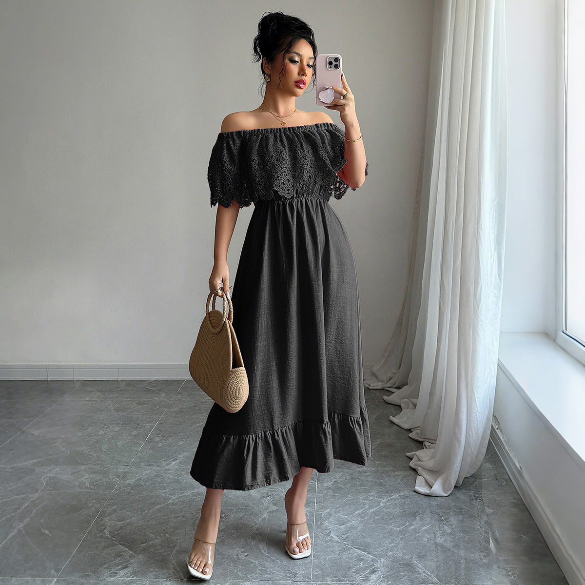 Women's Off-Shoulder Lace Maxi Dress – Elegant A-Line Fit for Summer or Events
