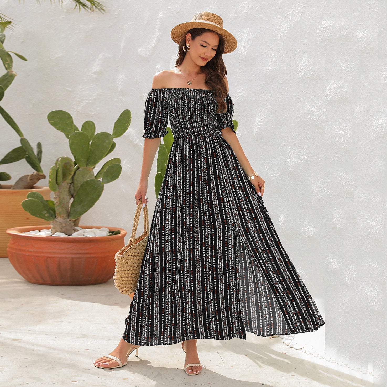 Women's Off-Shoulder Floral Maxi Dress with Side Slit.