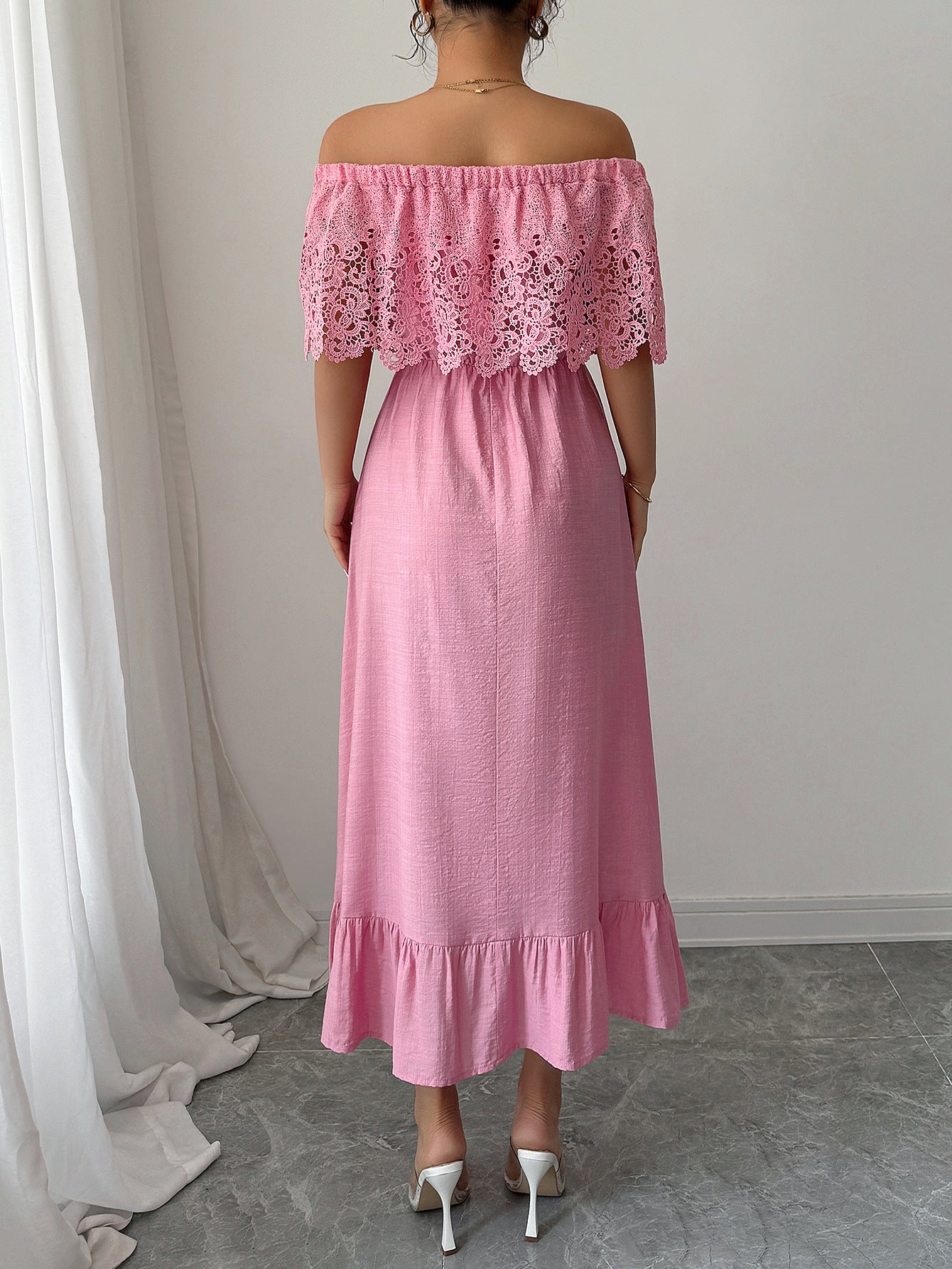 Women's Off-Shoulder Lace Maxi Dress – Elegant A-Line Fit for Summer or Events