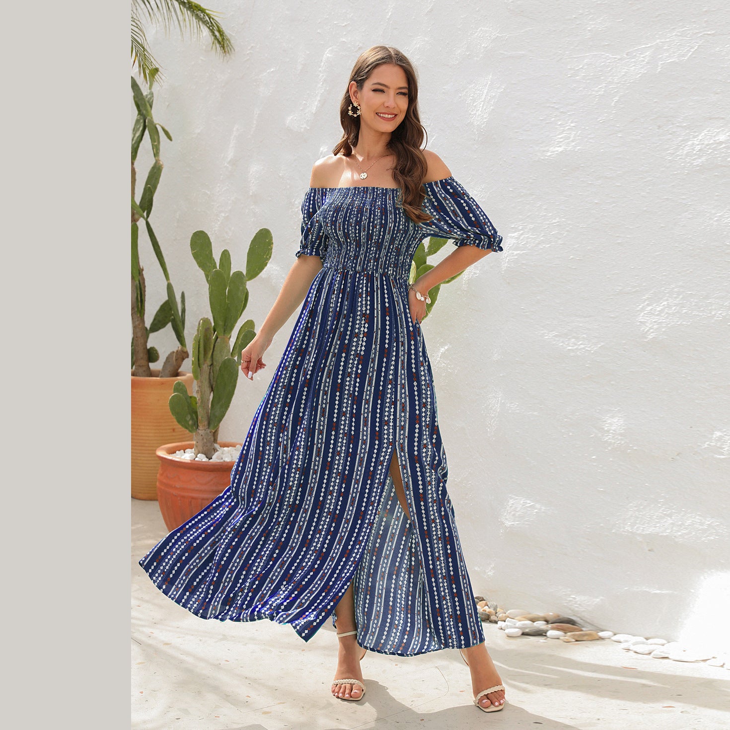 Women's Off-Shoulder Floral Maxi Dress with Side Slit.