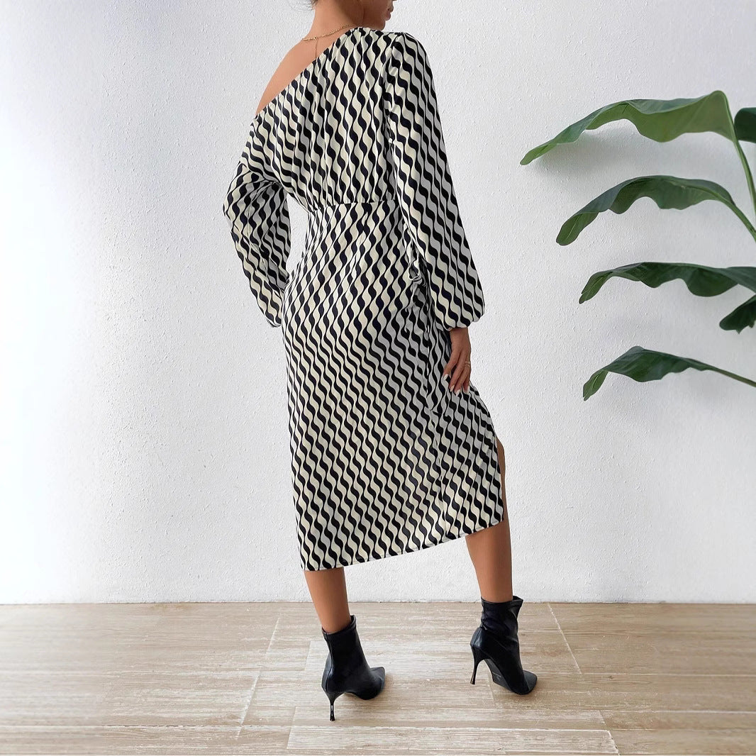 Women's Asymmetrical One-Shoulder Midi Dress – Striped Elegant Evening Outfit
