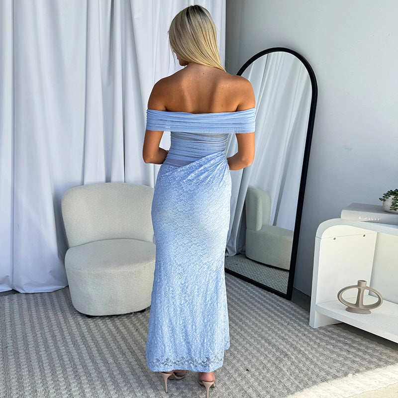 Women's Off Shoulder Lace Mesh Maxi Dress