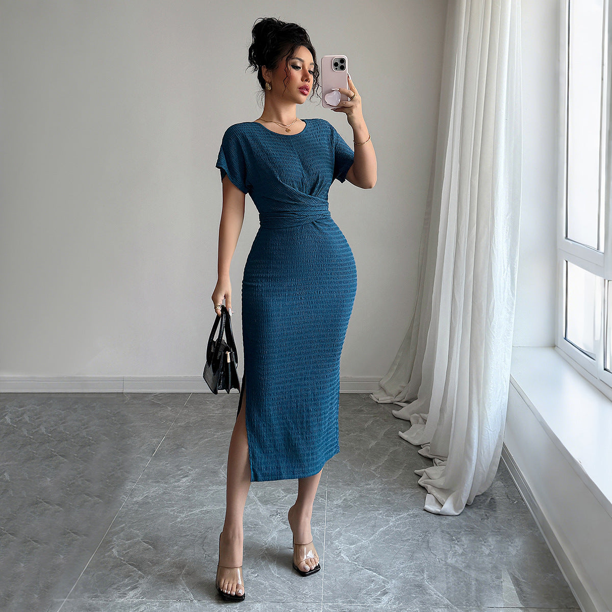 Women's Ribbed Knit Midi Dress with Short Sleeves – Elegant Slim Fit