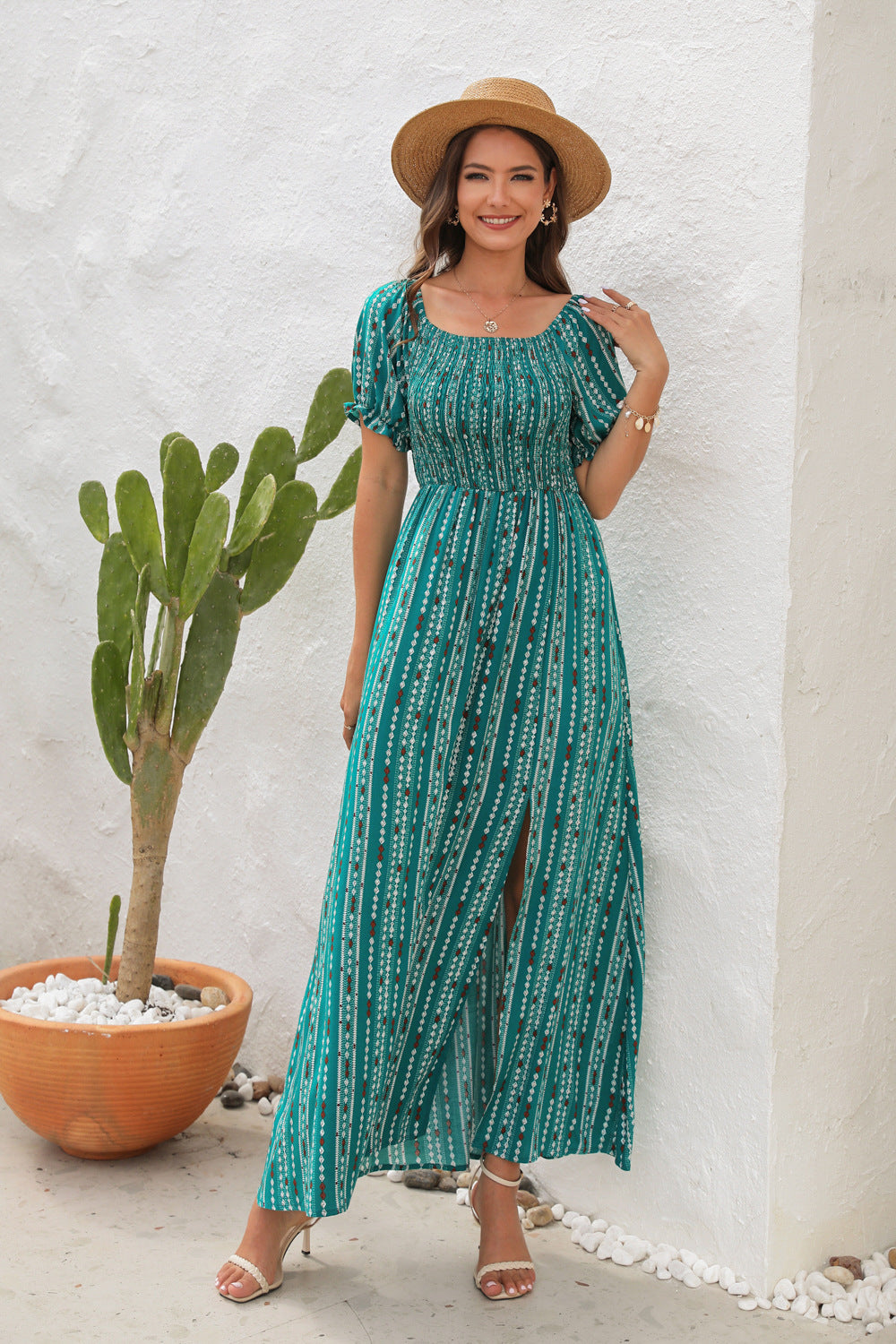 Women's Off-Shoulder Floral Maxi Dress with Side Slit.