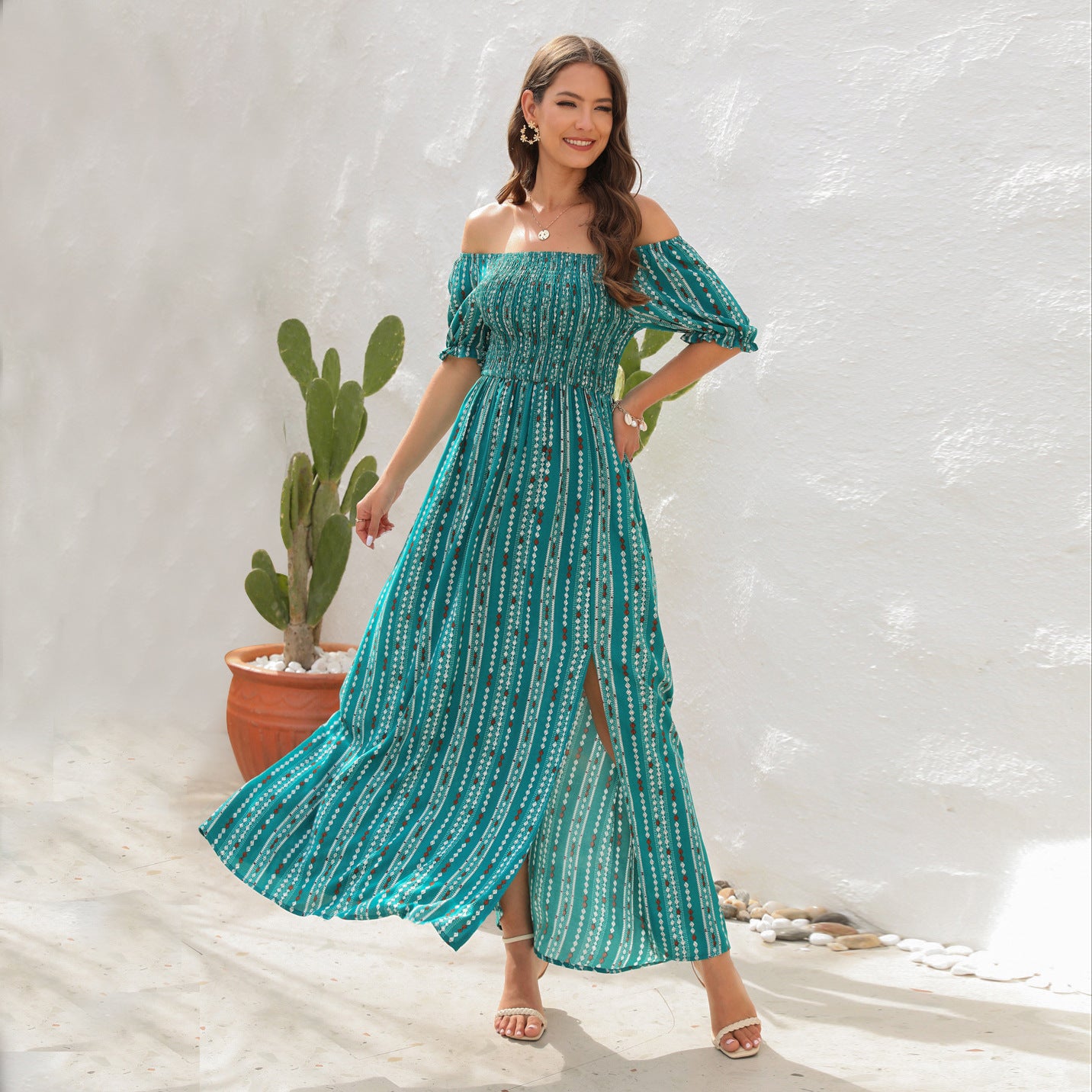 Women's Off-Shoulder Floral Maxi Dress with Side Slit.