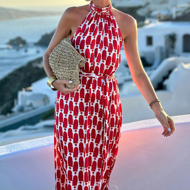 Women's Halter Neck Printed Maxi Dress with Side Slit