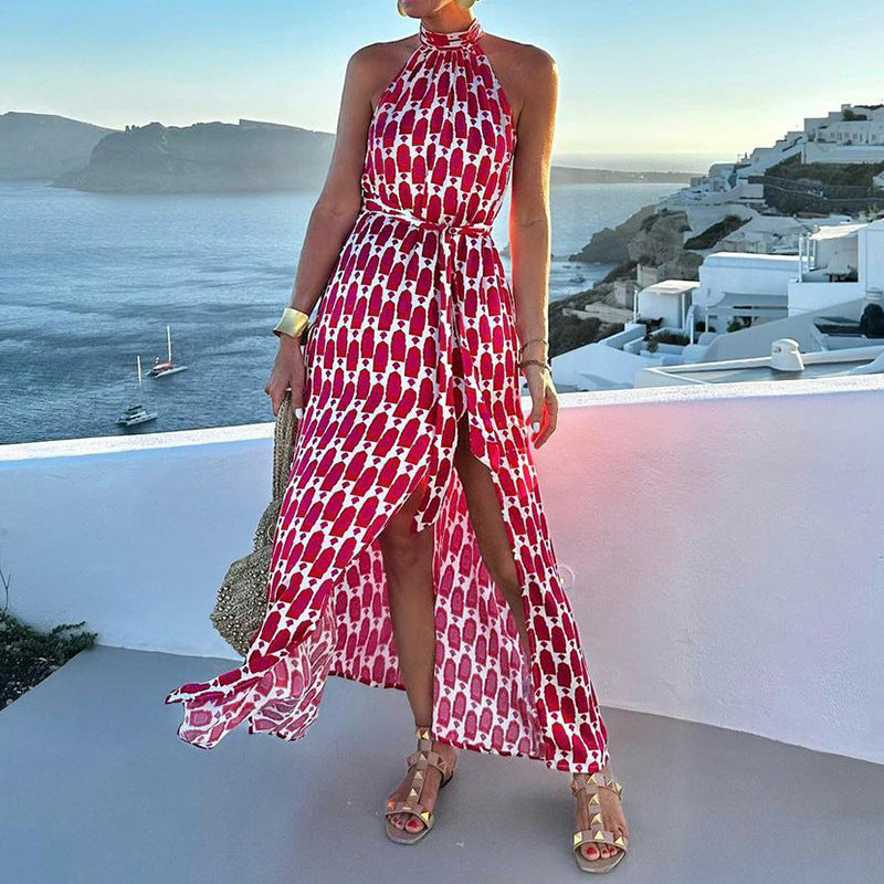 Women's Halter Neck Printed Maxi Dress with Side Slit