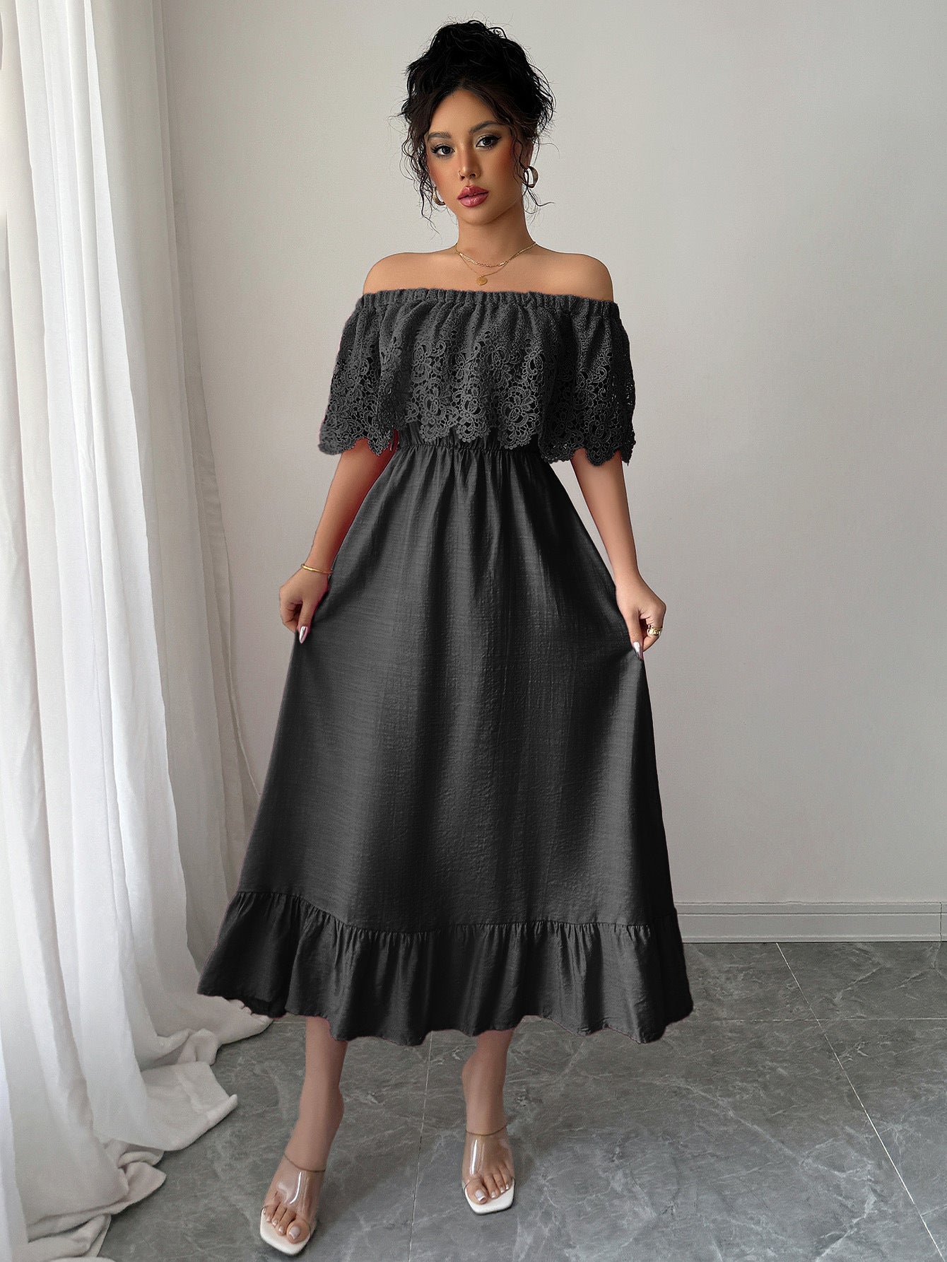 Women's Off-Shoulder Lace Maxi Dress – Elegant A-Line Fit for Summer or Events
