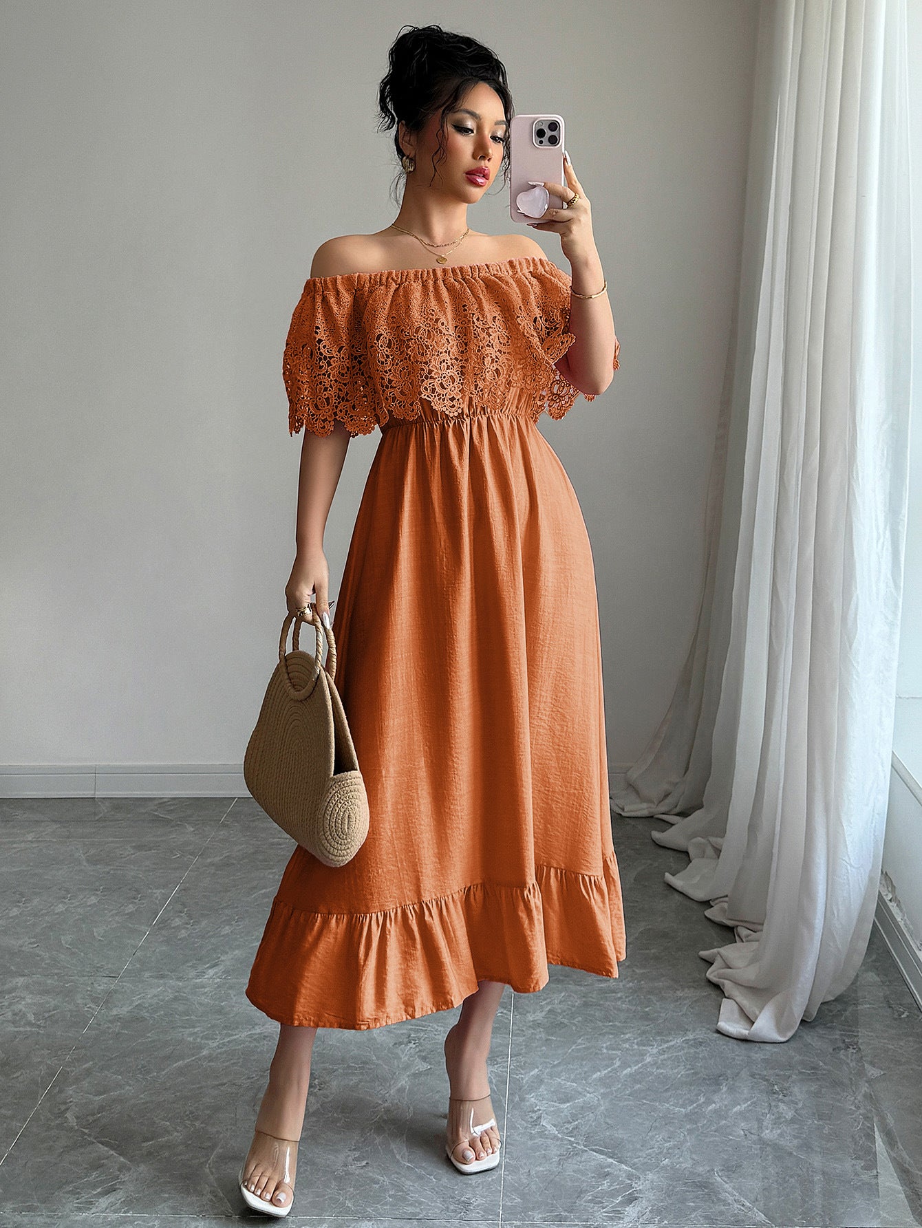 Women's Off-Shoulder Lace Maxi Dress – Elegant A-Line Fit for Summer or Events