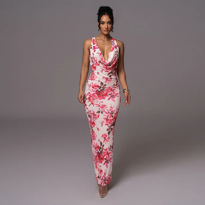 Floral Print Sleeveless Bodycon Midi Dress for Women – Elegant Summer Outfit