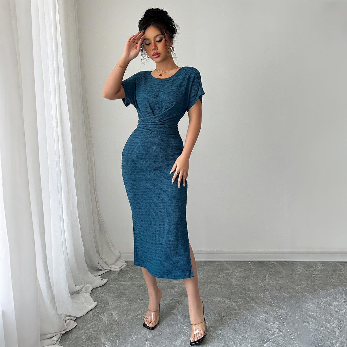 Women's Ribbed Knit Midi Dress with Short Sleeves – Elegant Slim Fit
