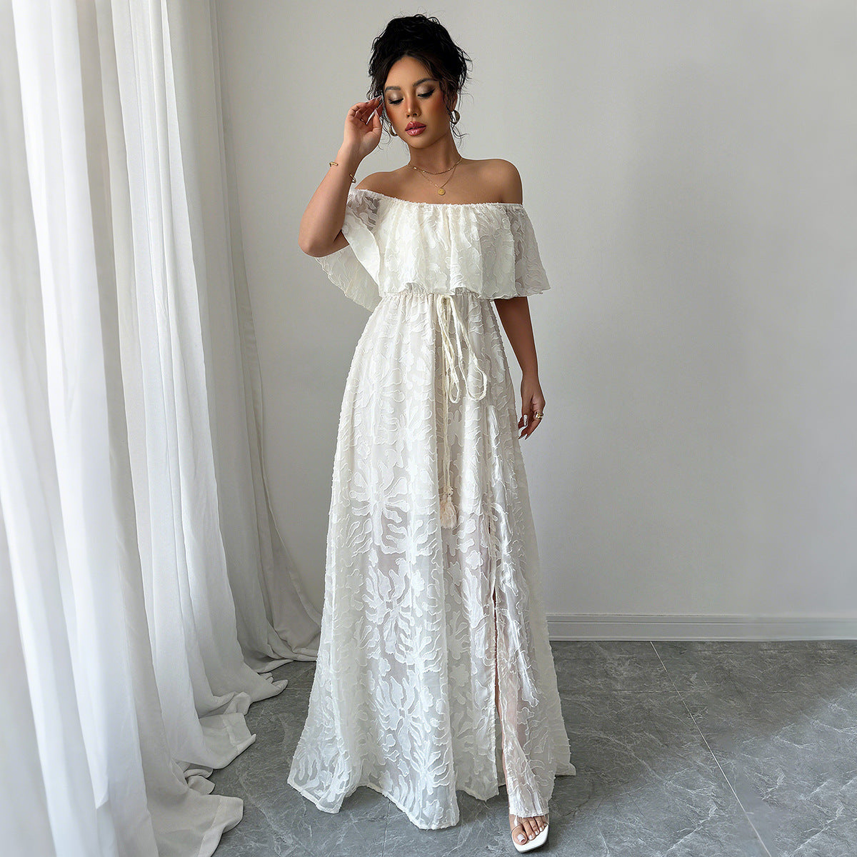 Elegant Off-Shoulder Lace Maxi Dress – Apricot / White – Women's Formal Gown