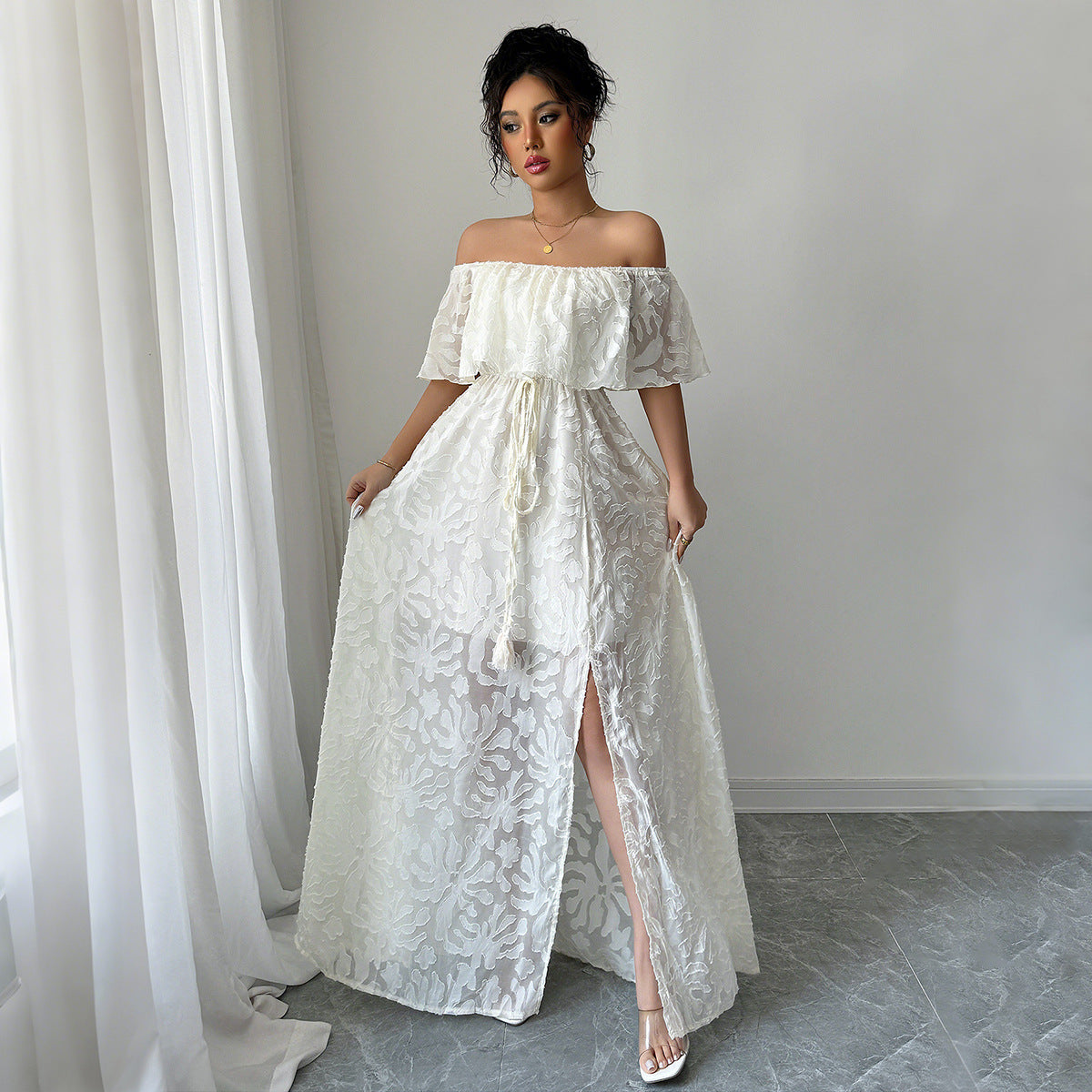 Elegant Off-Shoulder Lace Maxi Dress – Apricot / White – Women's Formal Gown