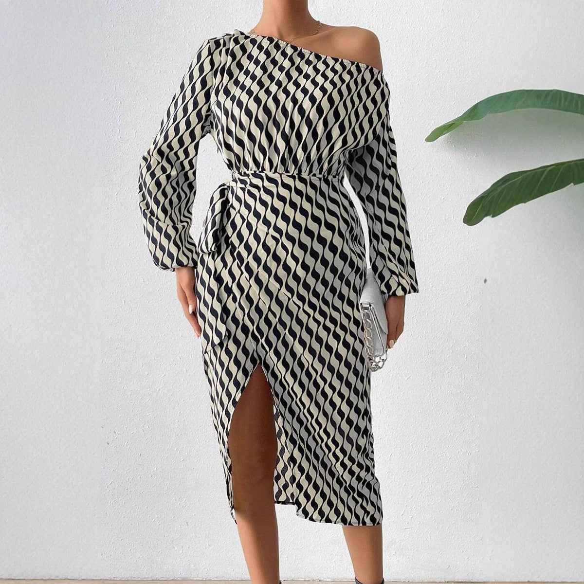 Women's Asymmetrical One-Shoulder Midi Dress – Striped Elegant Evening Outfit