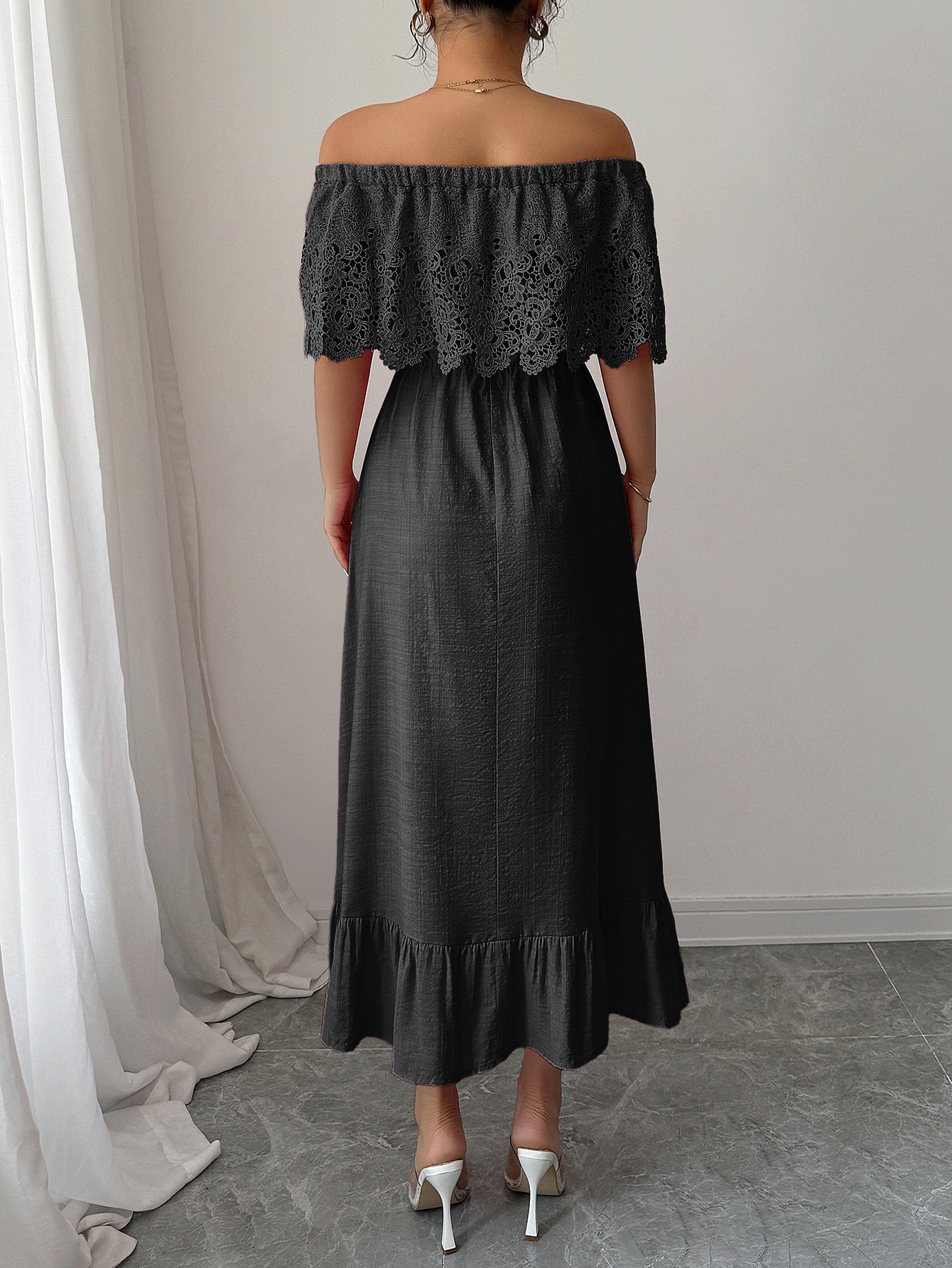 Women's Off-Shoulder Lace Maxi Dress – Elegant A-Line Fit for Summer or Events