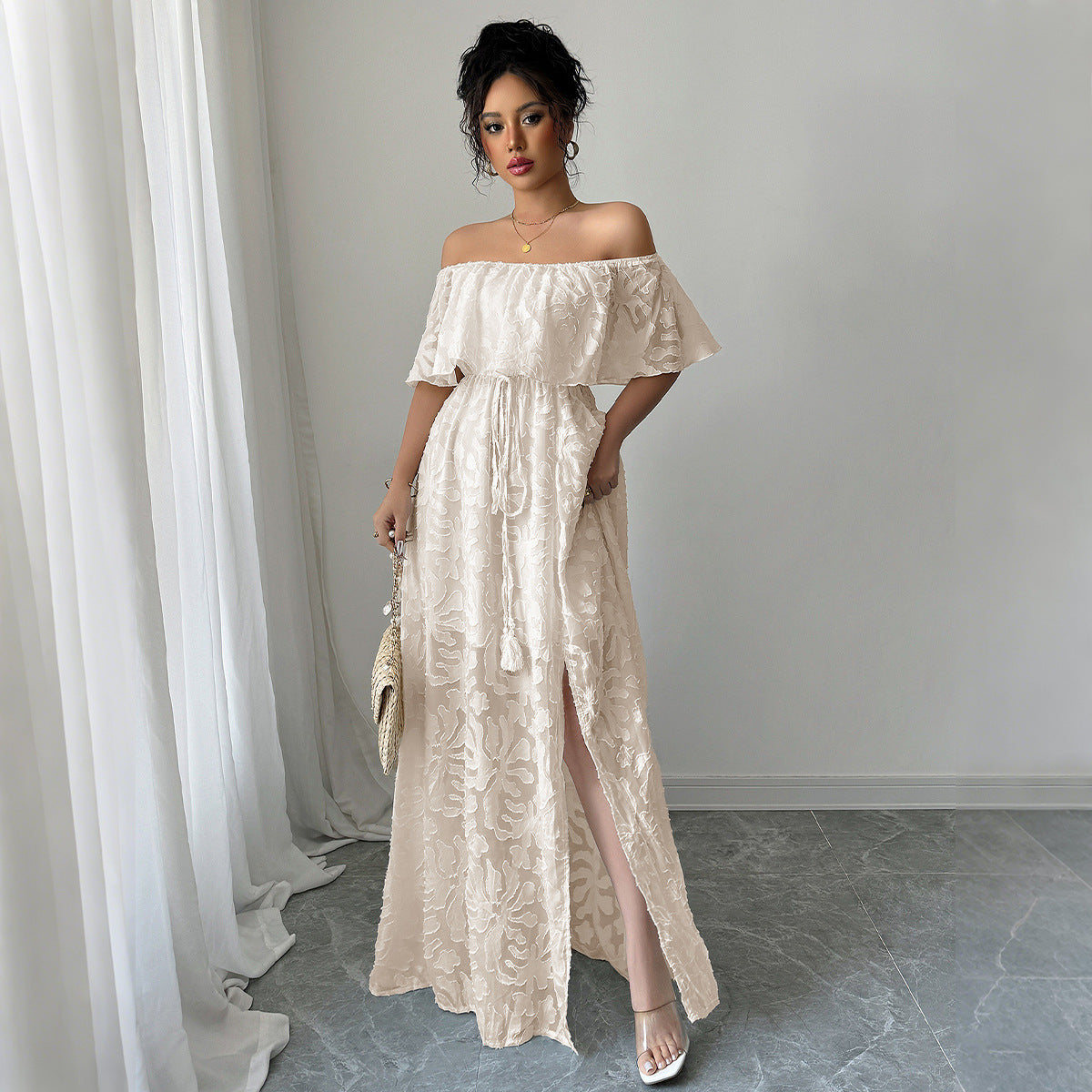 Elegant Off-Shoulder Lace Maxi Dress – Apricot / White – Women's Formal Gown