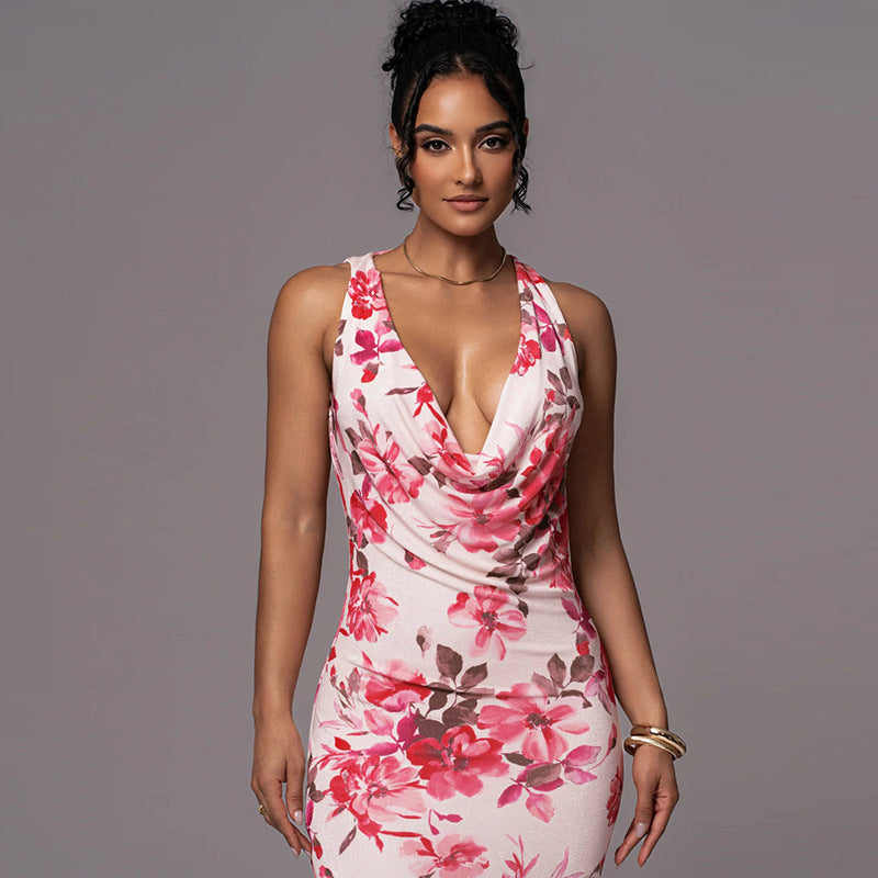 Floral Print Sleeveless Bodycon Midi Dress for Women – Elegant Summer Outfit
