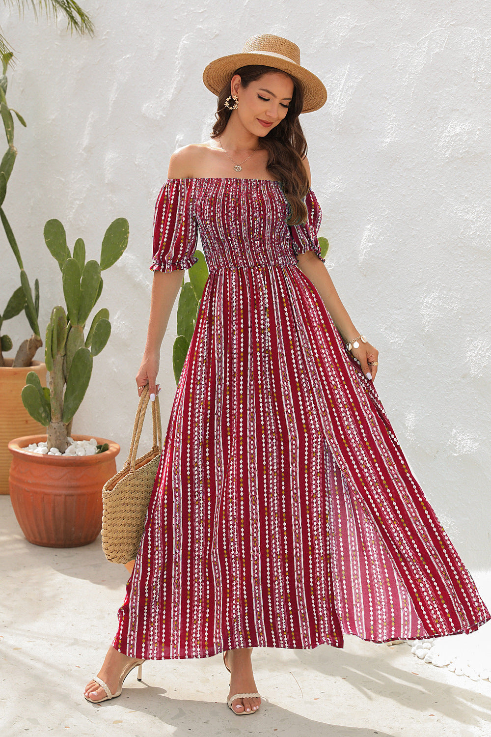 Women's Off-Shoulder Floral Maxi Dress with Side Slit.