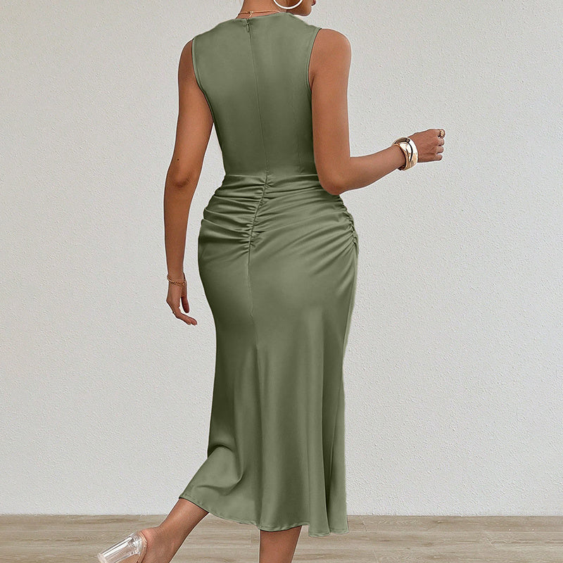 Women's Sleeveless Ruched Satin Midi Dress