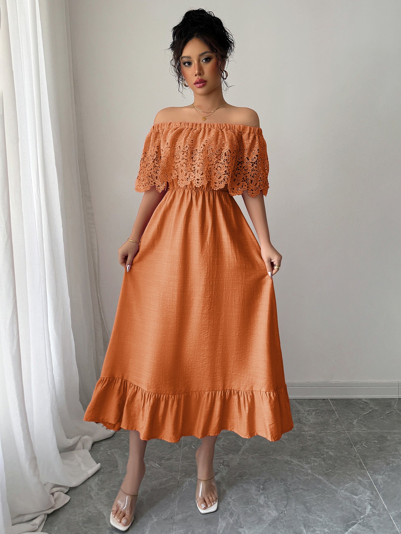 Women's Off-Shoulder Lace Maxi Dress – Elegant A-Line Fit for Summer or Events