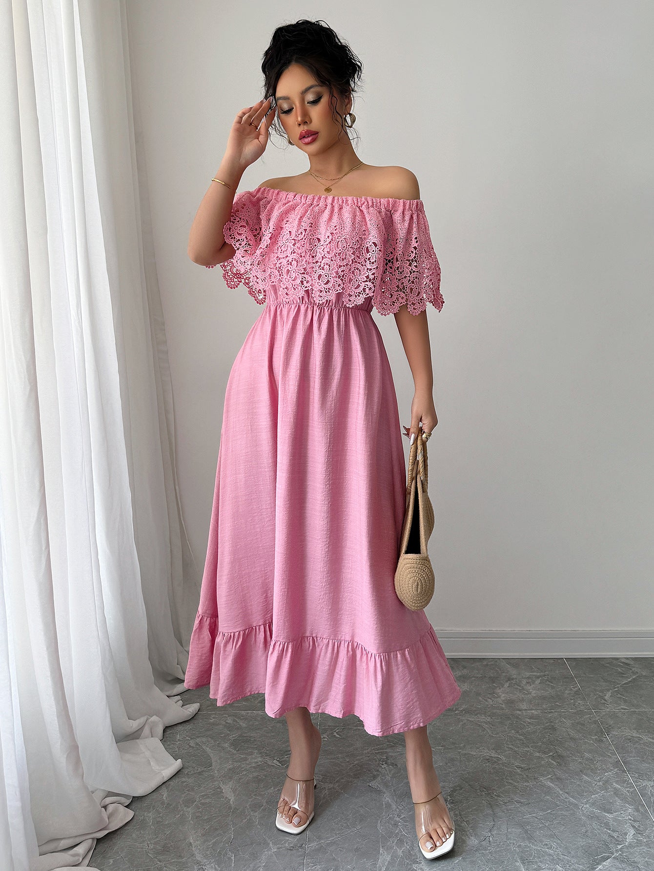 Women's Off-Shoulder Lace Maxi Dress – Elegant A-Line Fit for Summer or Events