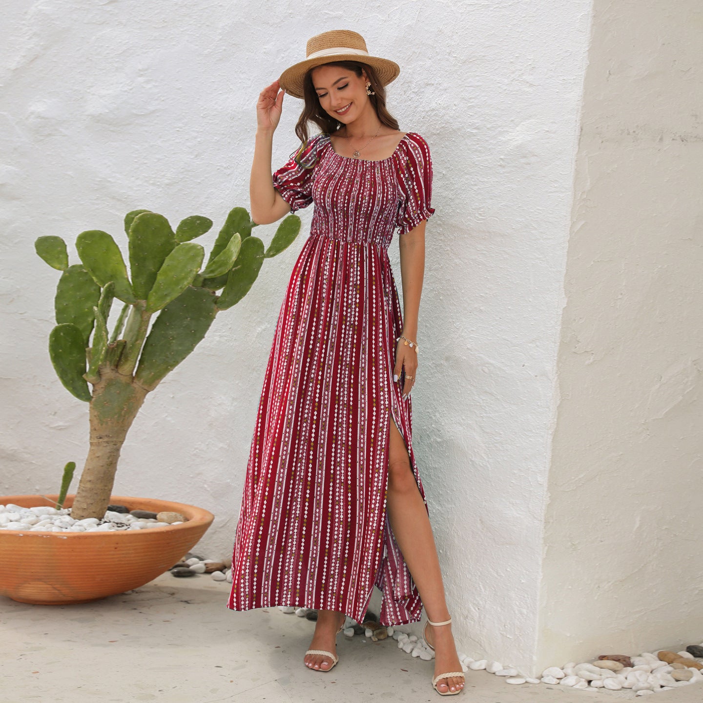 Women's Off-Shoulder Floral Maxi Dress with Side Slit.