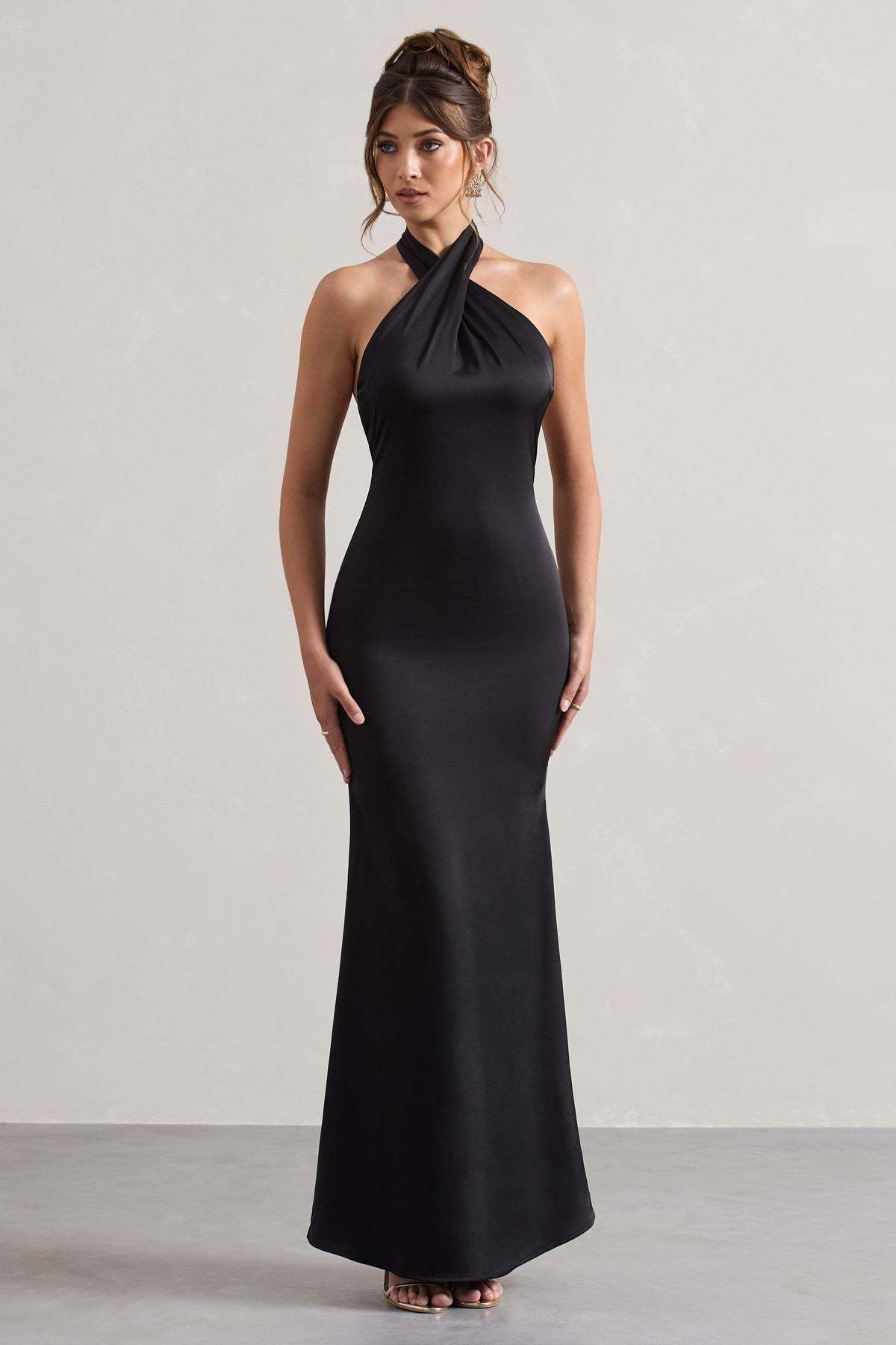 Women's Elegant Halter Neck Satin Evening Gown – Floor-Length