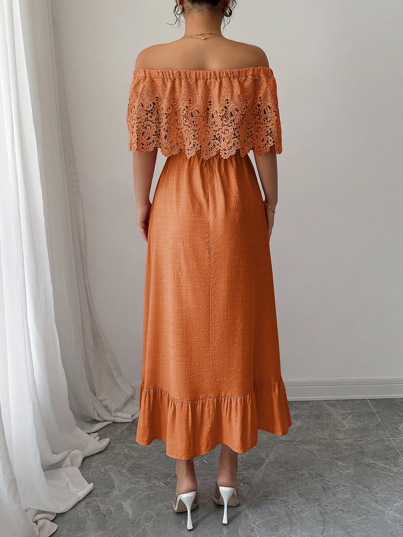 Women's Off-Shoulder Lace Maxi Dress – Elegant A-Line Fit for Summer or Events